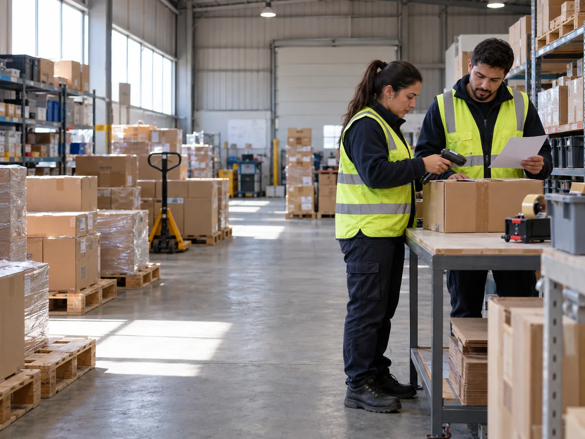 Dos personas revisan cajas y un registro de inventario en un galpón en uso.