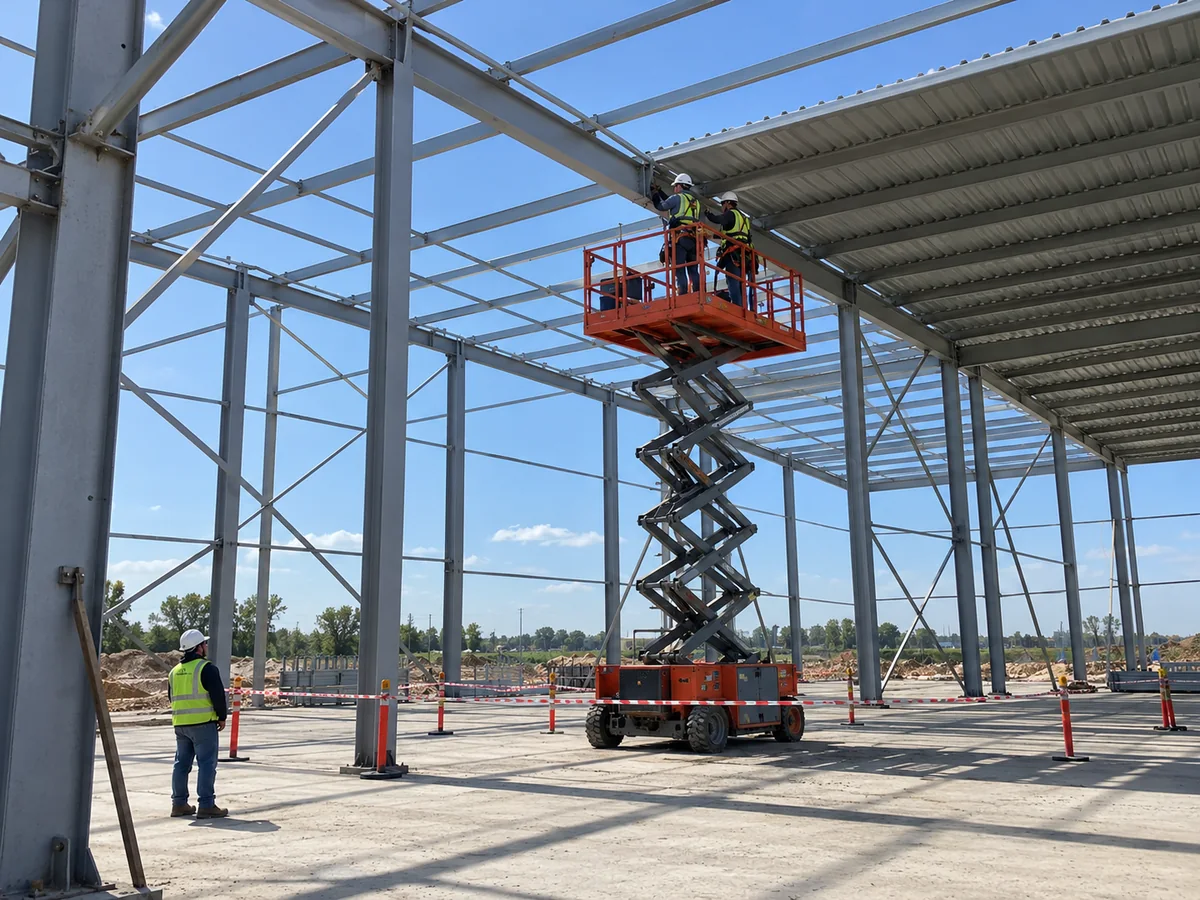 Montajistas trabajan desde una plataforma de tijera en un galpón con cubierta parcial.